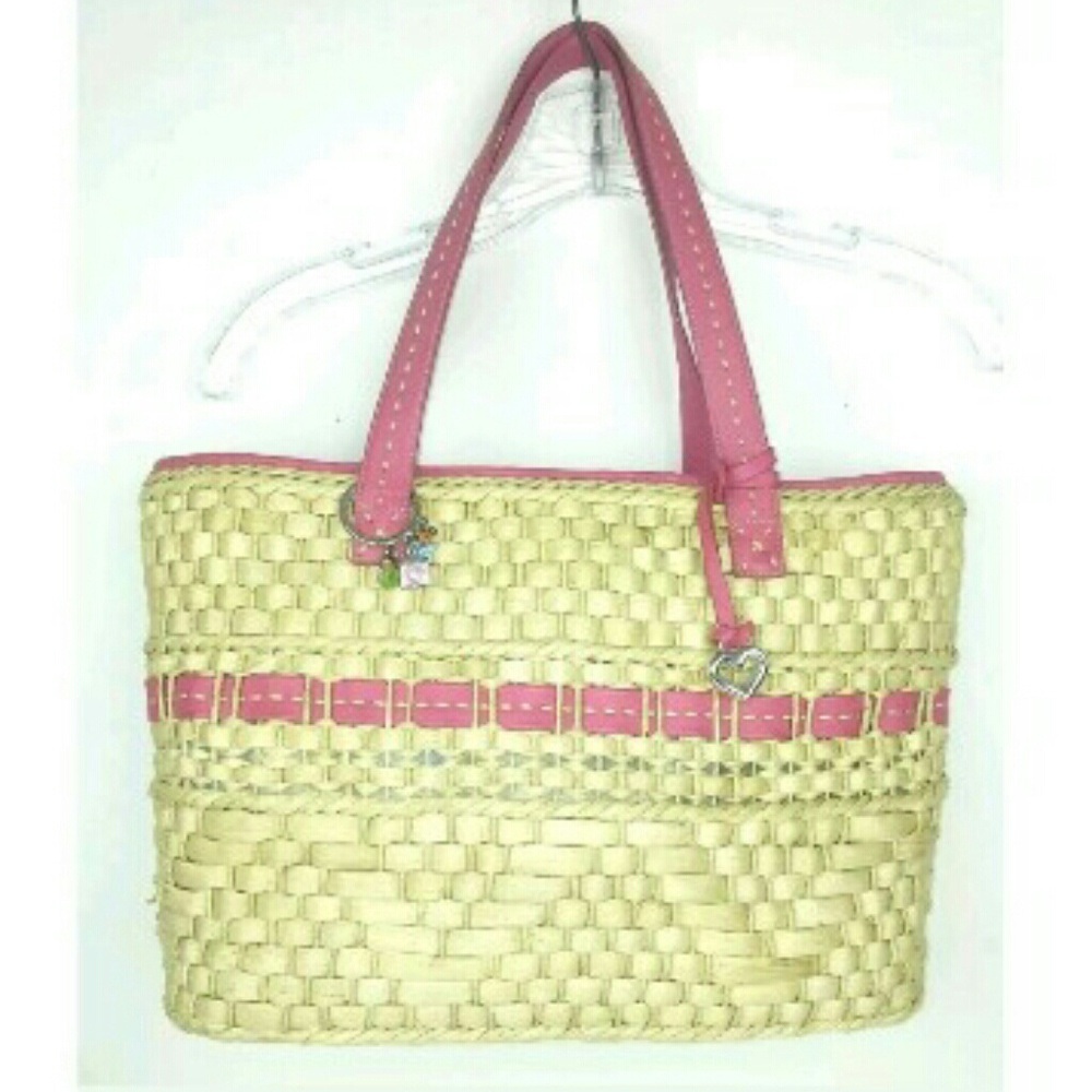 Brighton Basket Weave Tote Bag Pink Trim